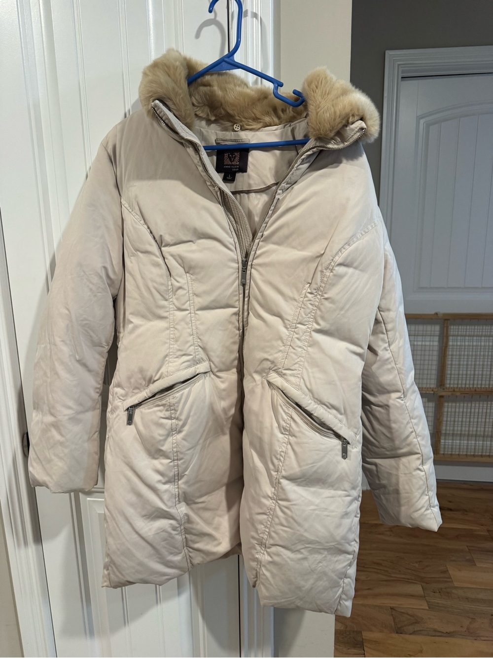 Anne Klein Cream Hooded Puffer Coat with Faux Fur Trim